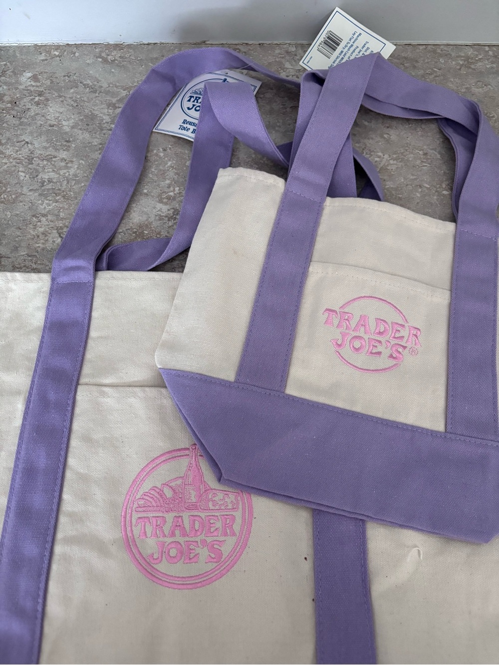 NWT Trader Joe's Purple Canvas Tote Bags Set 1 Mini 1 Large